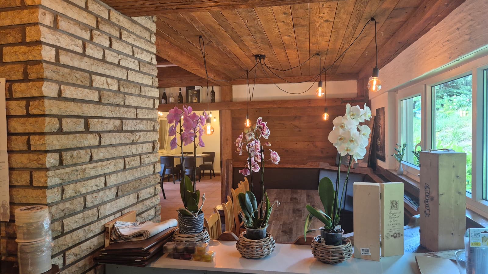 Backsteinwand mit Orchideen und warmem Licht